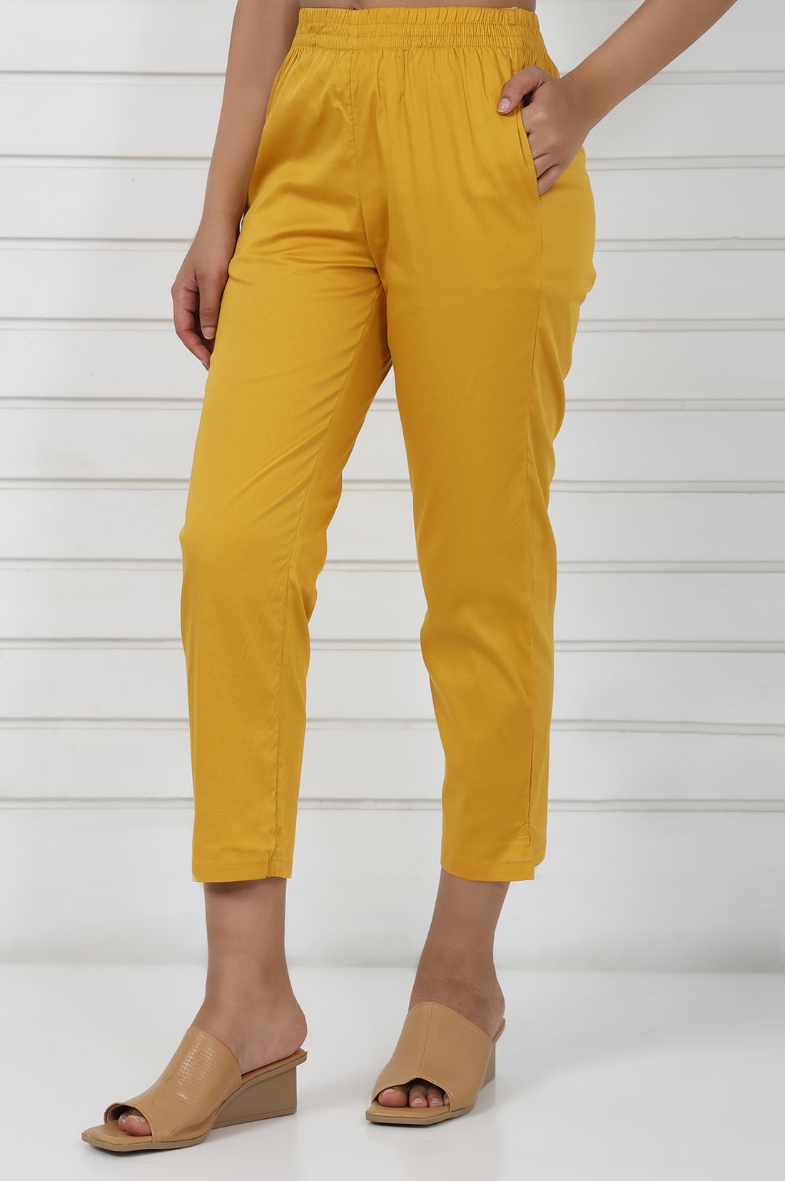 Mustard Cotton Blend Mid Rise Ankle Length Straight Trouser