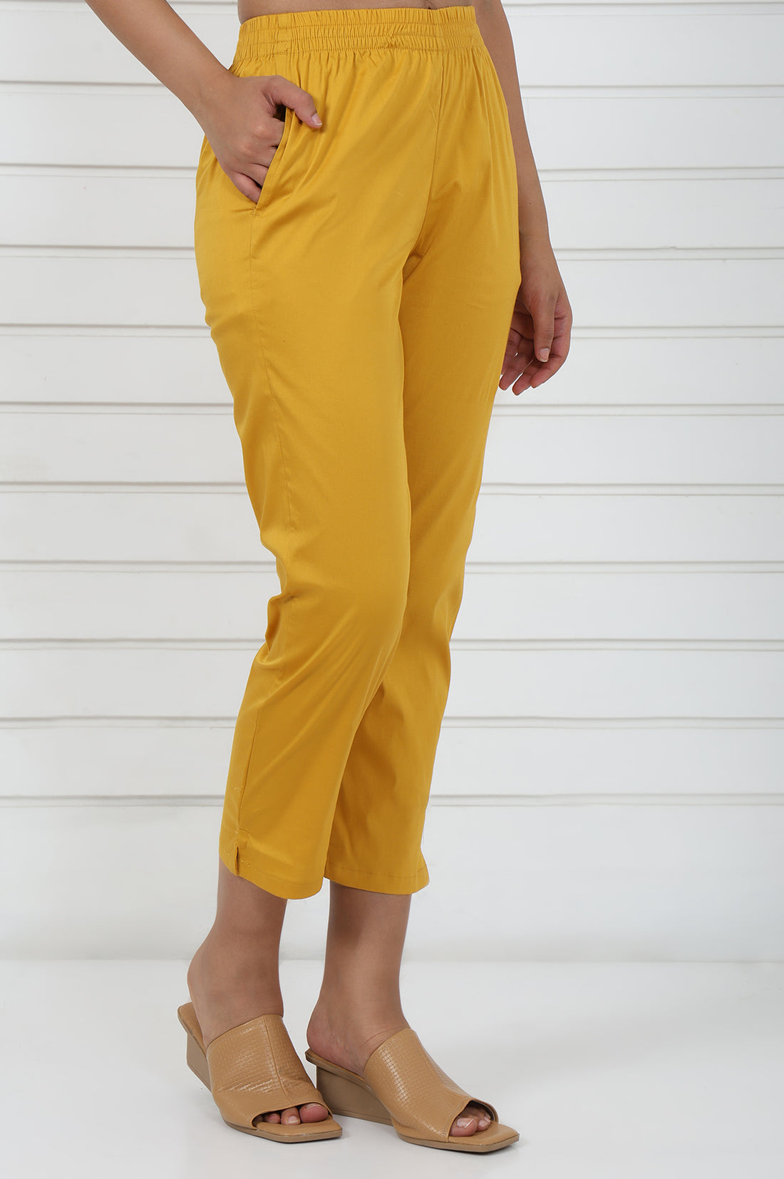 Mustard Cotton Blend Mid Rise Ankle Length Straight Trouser
