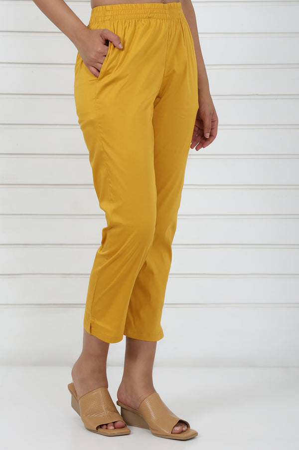 Mustard Cotton Blend Mid Rise Ankle Length Straight Trouser