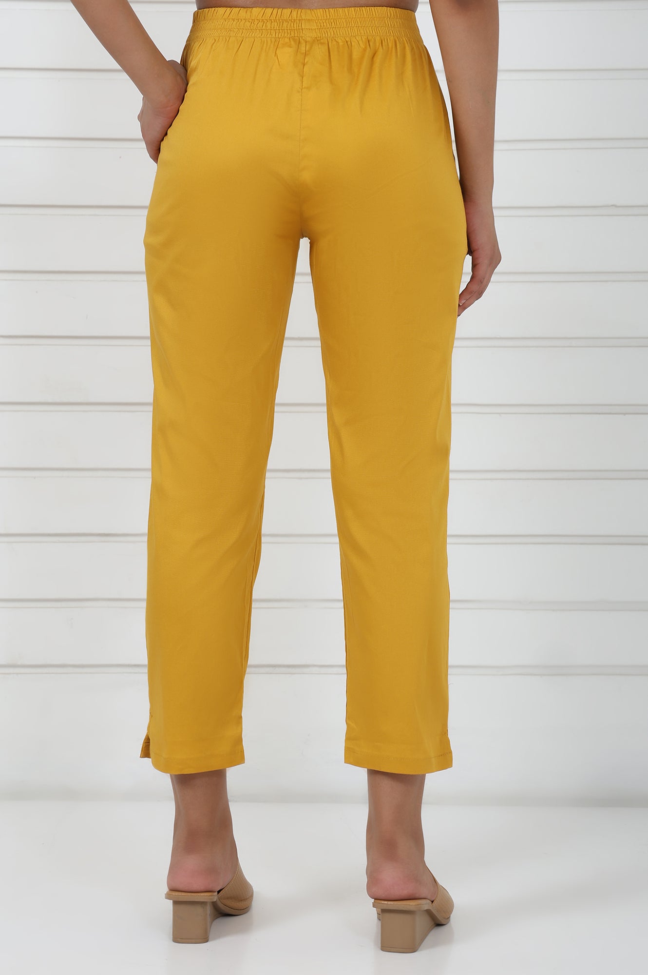 Mustard Cotton Blend Mid Rise Ankle Length Straight Trouser