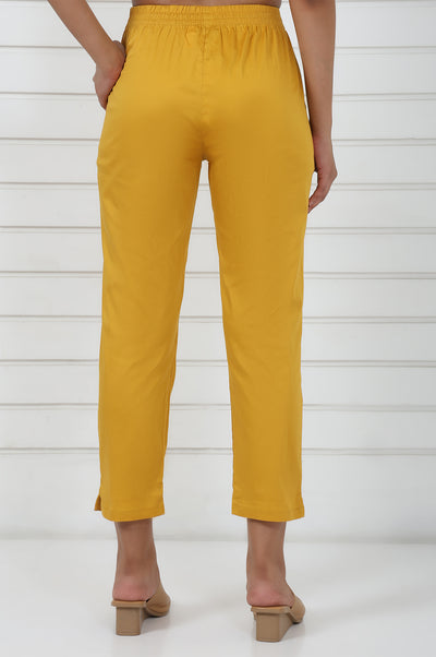 Mustard Cotton Blend Mid Rise Ankle Length Straight Trouser
