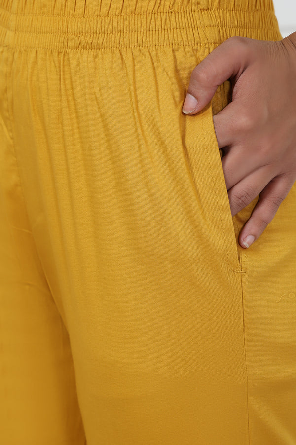 Mustard Cotton Blend Mid Rise Ankle Length Straight Trouser