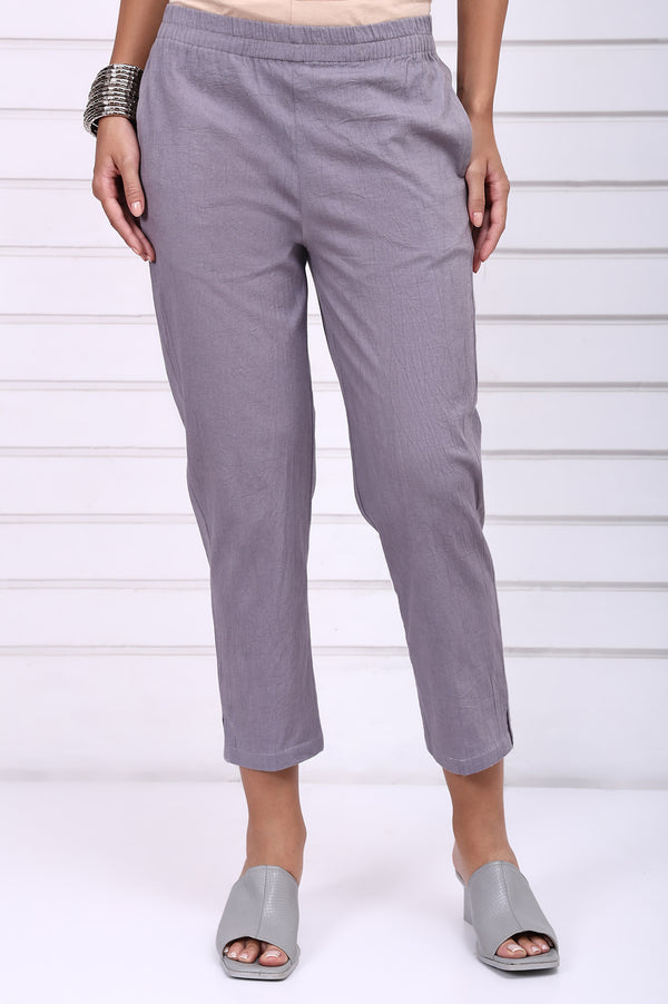 Grey Solid Mid-Rise Cotton Trouser