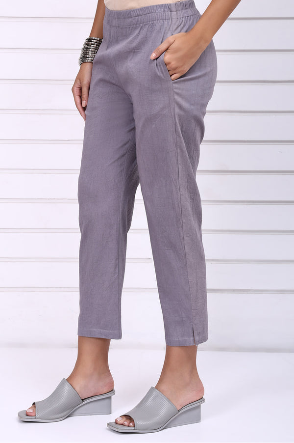 Grey Solid Mid-Rise Cotton Trouser