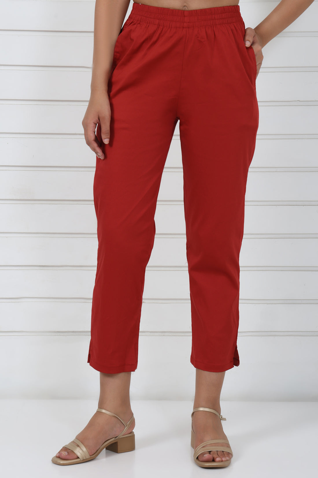 Rust Cotton Blend Mid Rise Ankle Length Straight Trouser