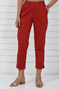 Rust Cotton Blend Mid Rise Ankle Length Straight Trouser