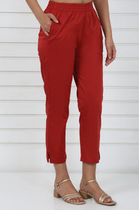 Rust Cotton Blend Mid Rise Ankle Length Straight Trouser