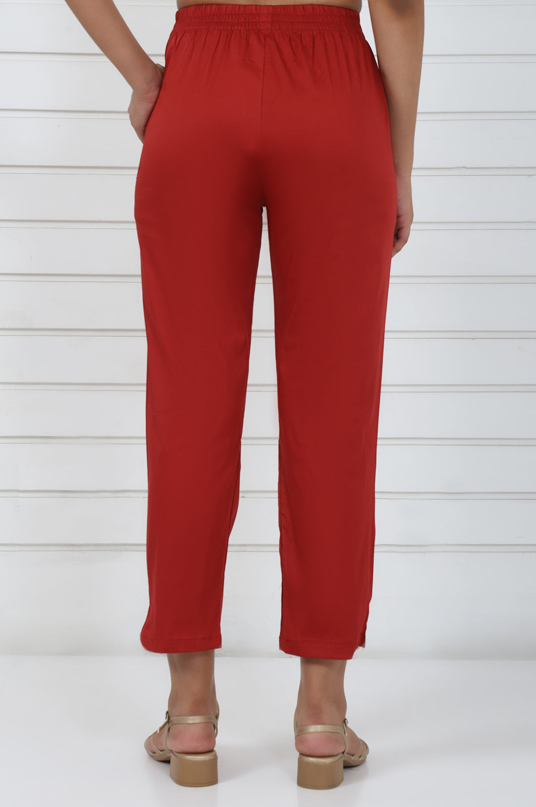 Rust Cotton Blend Mid Rise Ankle Length Straight Trouser