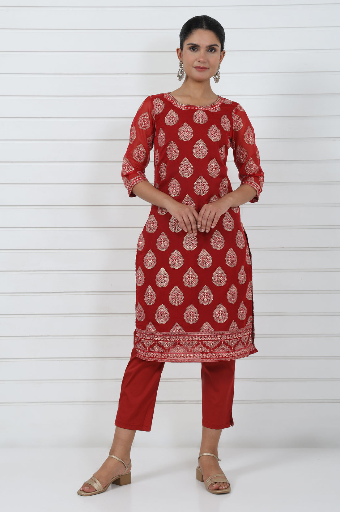 Rust Cotton Blend Mid Rise Ankle Length Straight Trouser