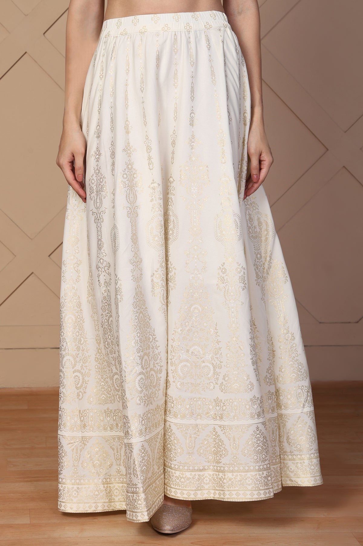 White Ethnic Gold Print Flared American Crepe Skirt - S