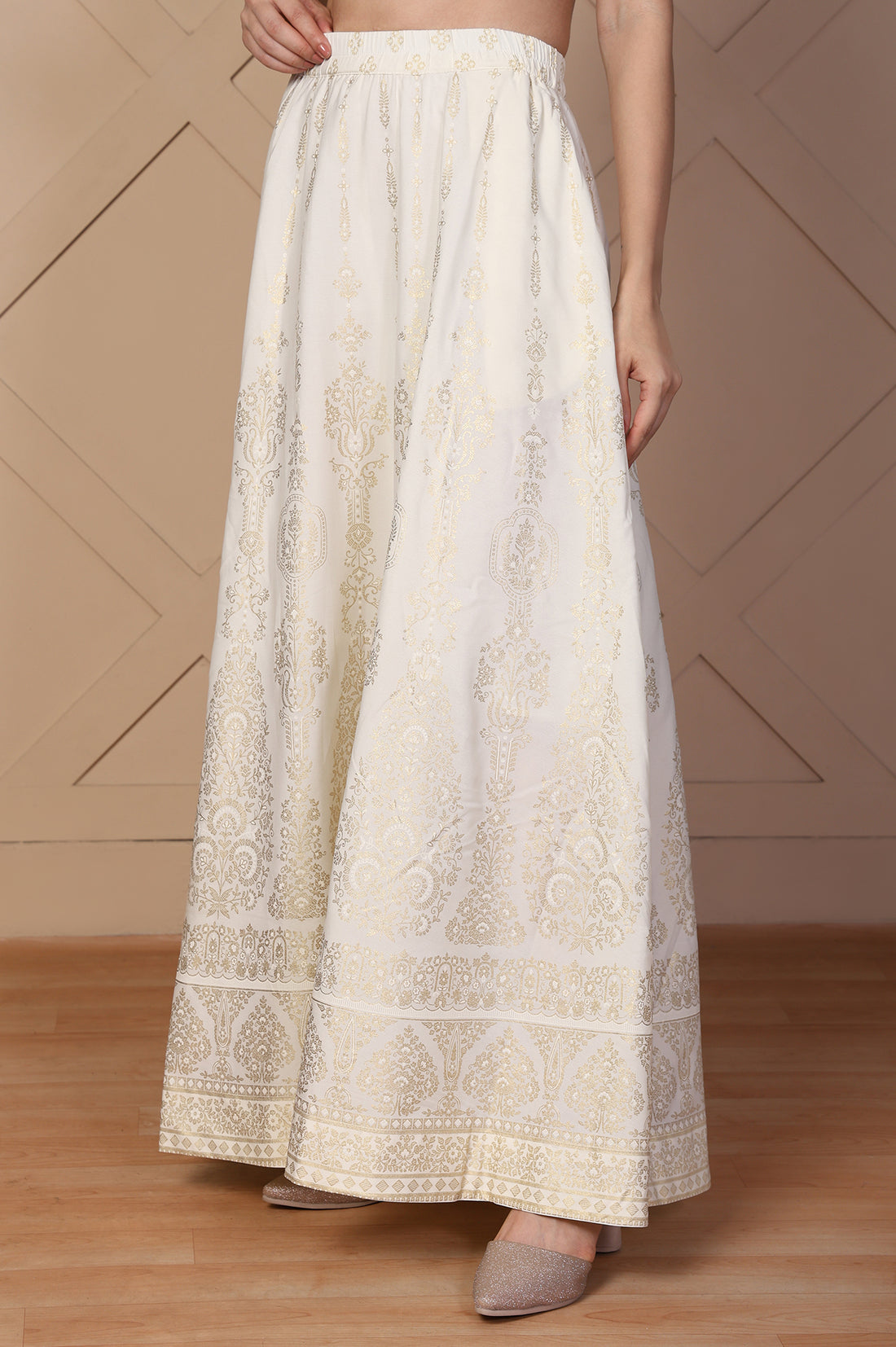White Ethnic Gold Print Flared American Crepe Skirt
