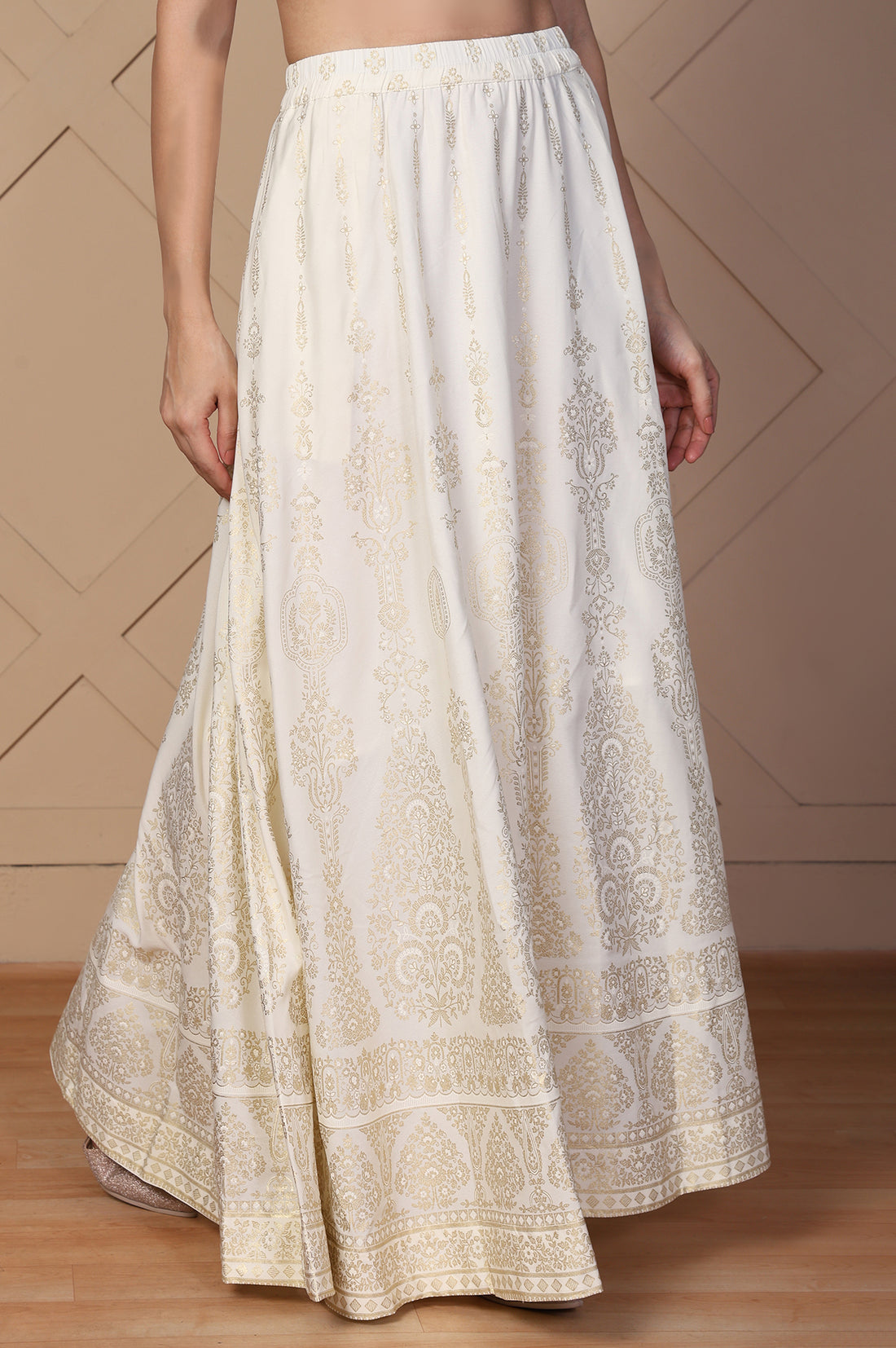 White Ethnic Gold Print Flared American Crepe Skirt