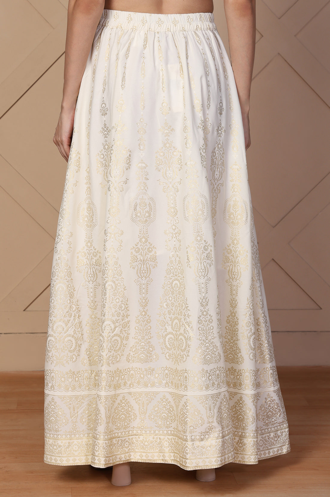 White Ethnic Gold Print Flared American Crepe Skirt