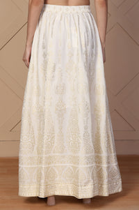 White Ethnic Gold Print Flared American Crepe Skirt