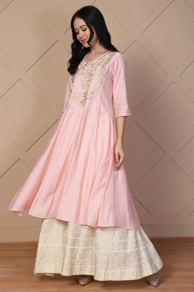 White Ethnic Gold Print Flared American Crepe Skirt