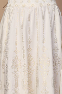White Ethnic Gold Print Flared American Crepe Skirt