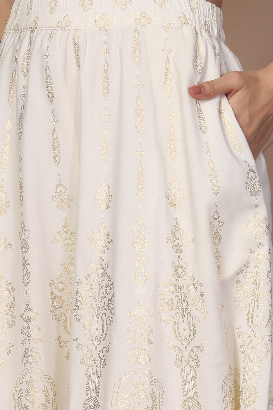 White Ethnic Gold Print Flared American Crepe Skirt