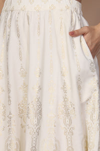 White Ethnic Gold Print Flared American Crepe Skirt