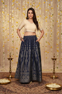 Navy Blue Floral Foil Print Flared American Crepe Skirt