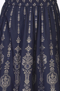 Navy Blue Floral Foil Print Flared American Crepe Skirt