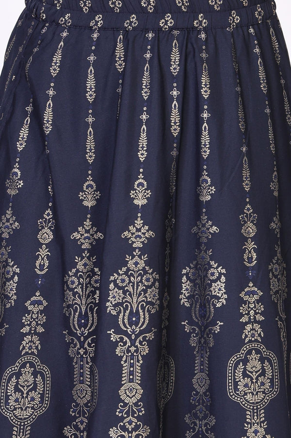 Navy Blue Floral Foil Print Flared American Crepe Skirt