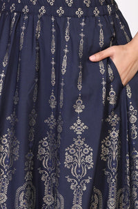 Navy Blue Floral Foil Print Flared American Crepe Skirt