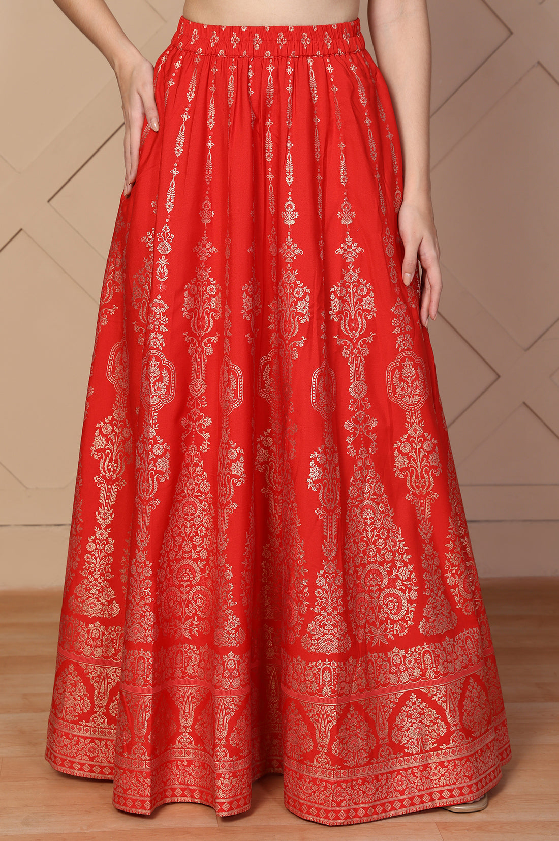 Red Ethnic Motifs Printed Flared Crepe Skirt