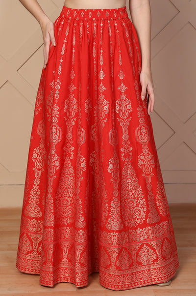 Red Ethnic Motifs Printed Flared Crepe Skirt