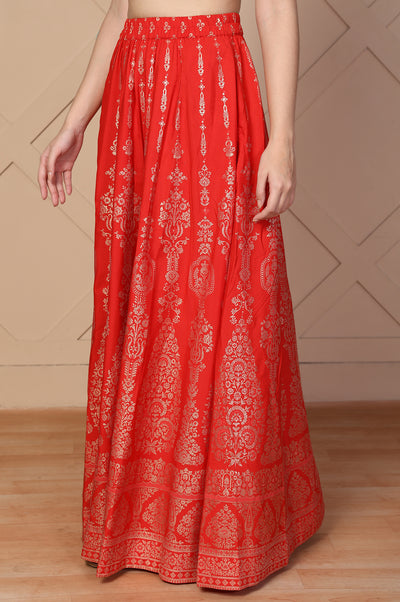 Red Ethnic Motifs Printed Flared Crepe Skirt
