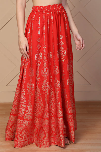 Red Ethnic Motifs Printed Flared Crepe Skirt