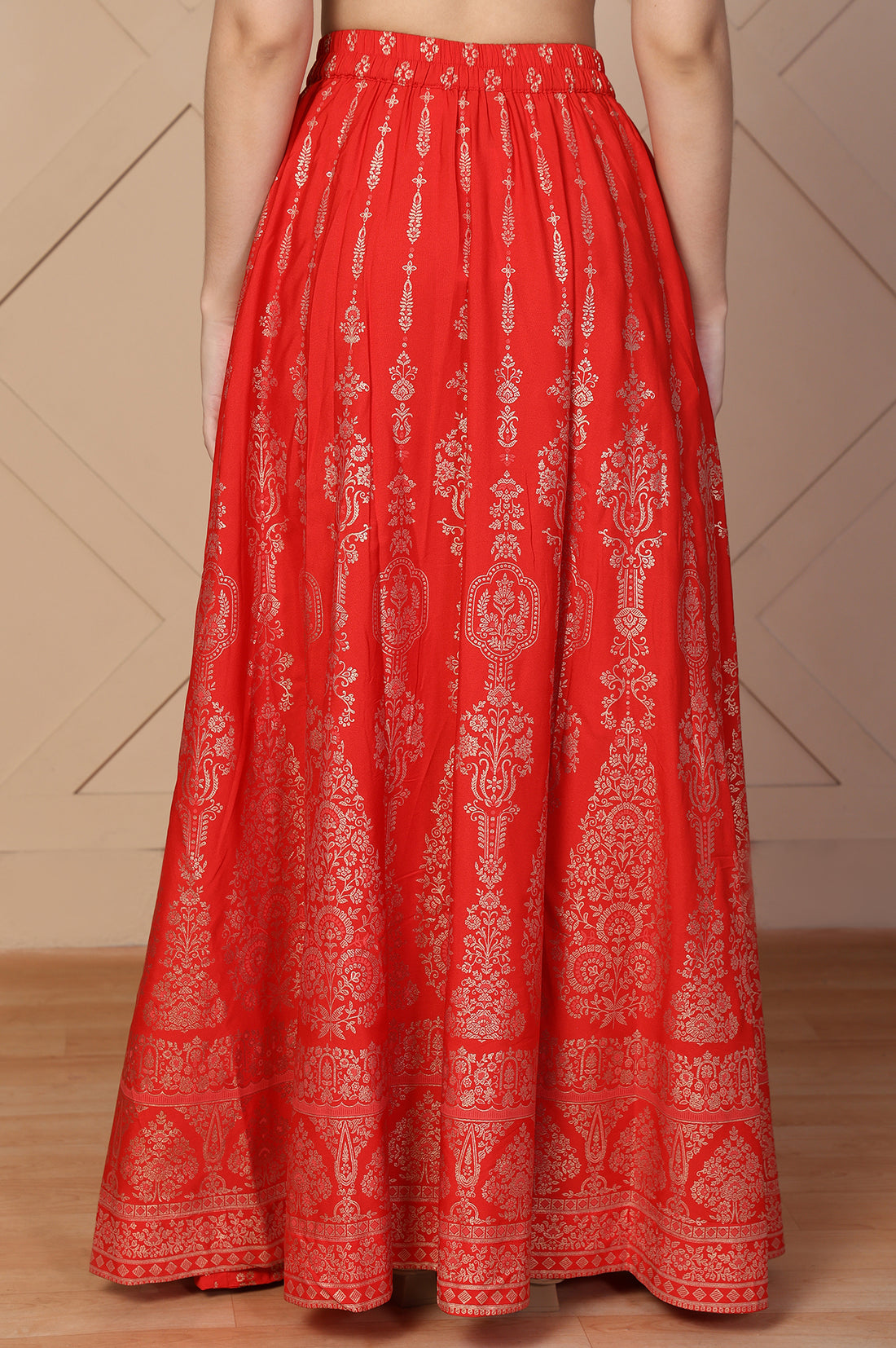Red Ethnic Motifs Printed Flared Crepe Skirt