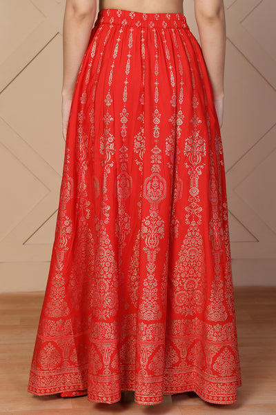 Red Ethnic Motifs Printed Flared Crepe Skirt