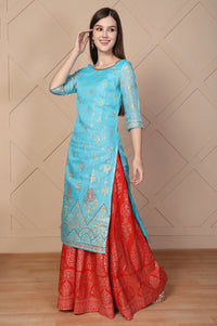 Red Ethnic Motifs Printed Flared Crepe Skirt