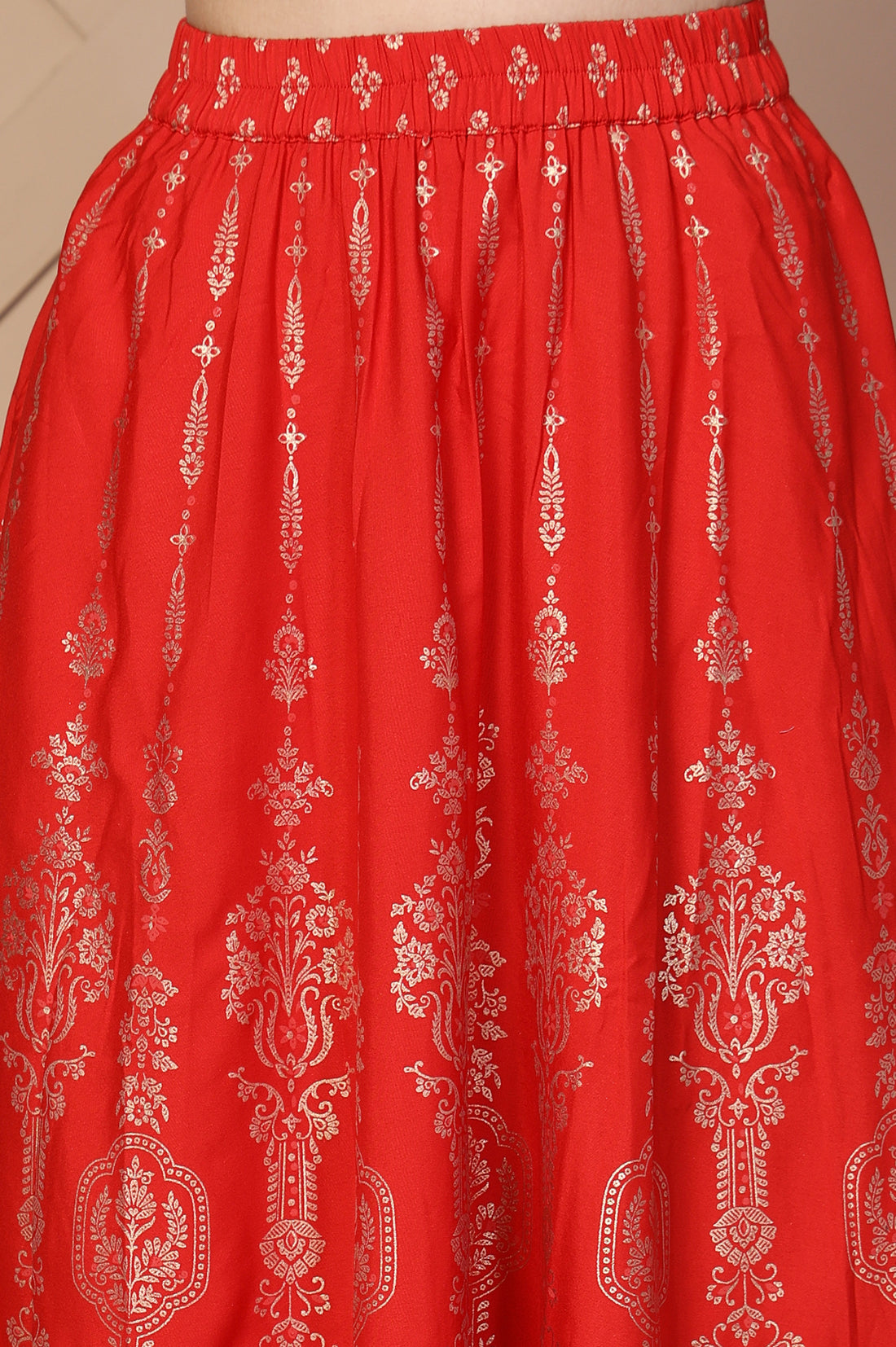 Red Ethnic Motifs Printed Flared Crepe Skirt