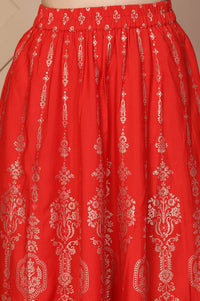 Red Ethnic Motifs Printed Flared Crepe Skirt