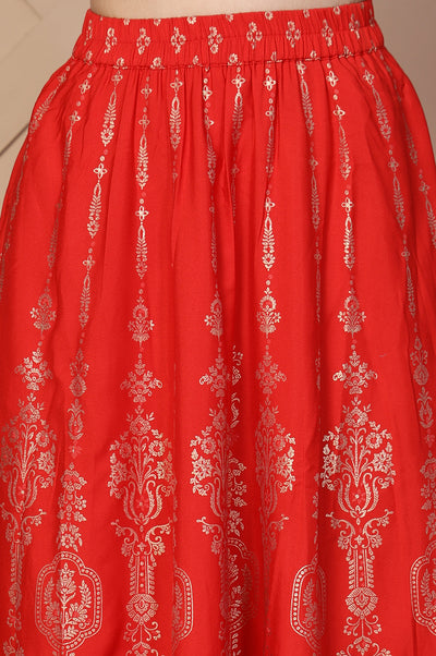 Red Ethnic Motifs Printed Flared Crepe Skirt