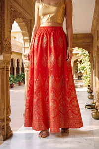 Red Foil Printed Ethnic Motifs Wide Leg Ankle Length High Rise Flared Skirt