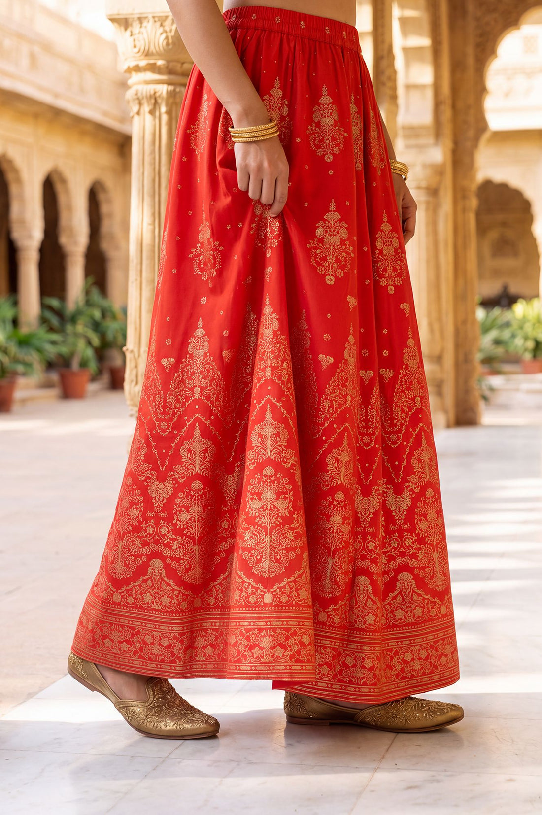 Red Foil Printed Ethnic Motifs Wide Leg Ankle Length High Rise Flared Skirt