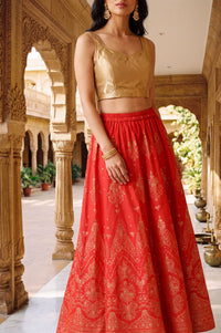 Red Foil Printed Ethnic Motifs Wide Leg Ankle Length High Rise Flared Skirt