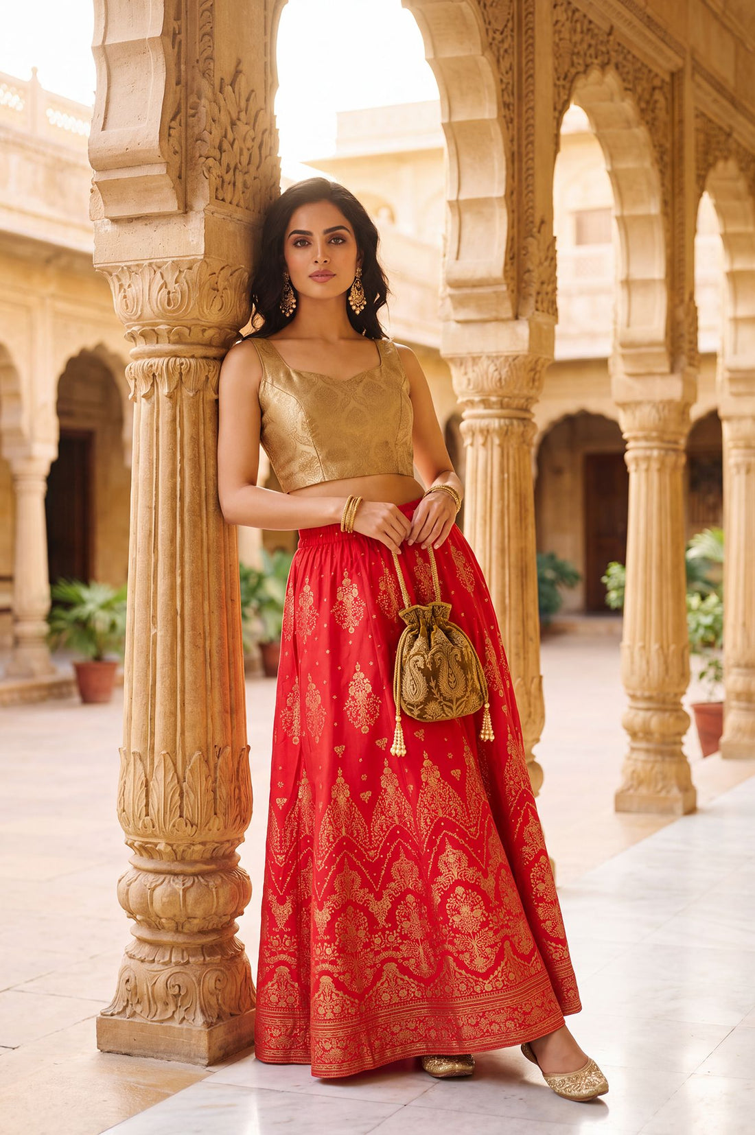 Red Foil Printed Ethnic Motifs Wide Leg Ankle Length High Rise Flared Skirt