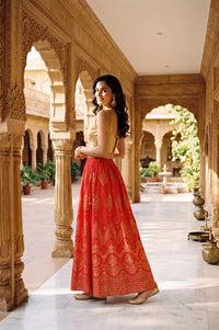 Red Foil Printed Ethnic Motifs Wide Leg Ankle Length High Rise Flared Skirt