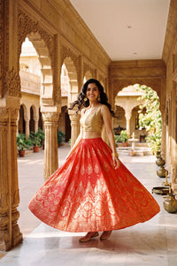 Red Foil Printed Ethnic Motifs Wide Leg Ankle Length High Rise Flared Skirt