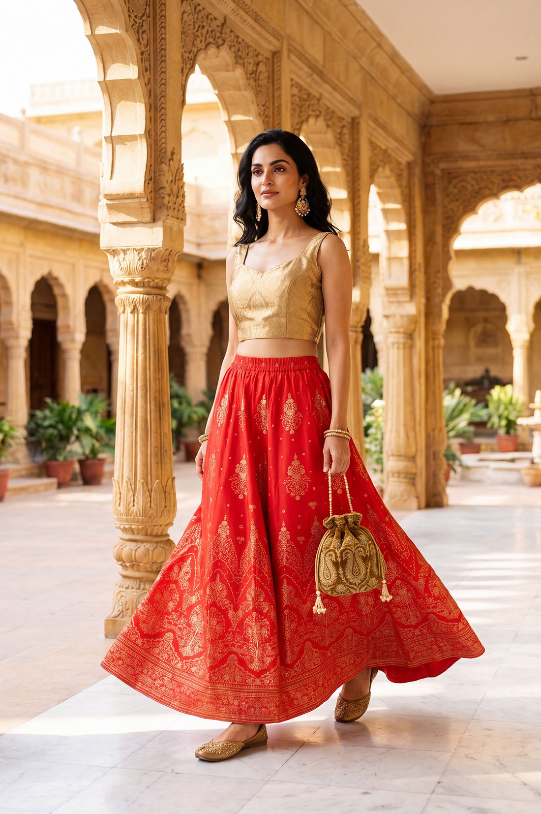 Red Foil Printed Ethnic Motifs Wide Leg Ankle Length High Rise Flared Skirt