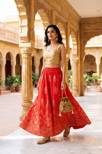 Red Foil Printed Ethnic Motifs Wide Leg Ankle Length High Rise Flared Skirt