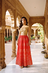 Red Foil Printed Ethnic Motifs Wide Leg Ankle Length High Rise Flared Skirt