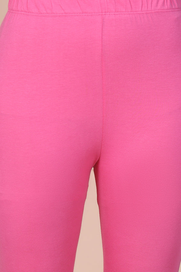 Pink Solid Cotton Lyrca Skinny Fit Tights