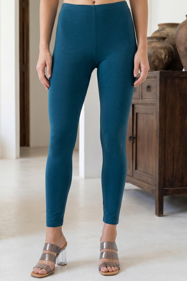 Teal Blue Solid Cotton Blend Skinny Fit Churidar Length Leggings