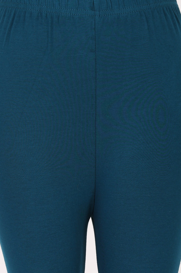 Teal Blue Solid Cotton Blend Skinny Fit Churidar Length Leggings