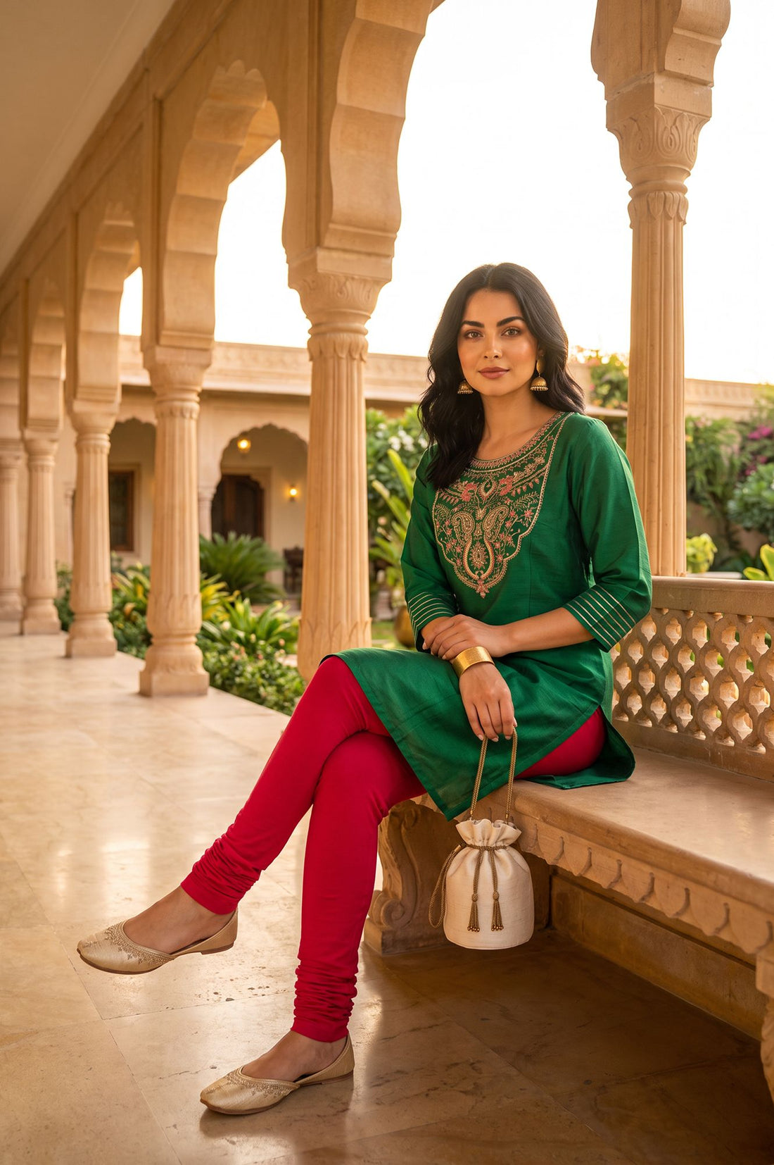 Pink Thread Embroidered Cotton Lyrca Skinny Fit Churidar Length Mid Rise Tights