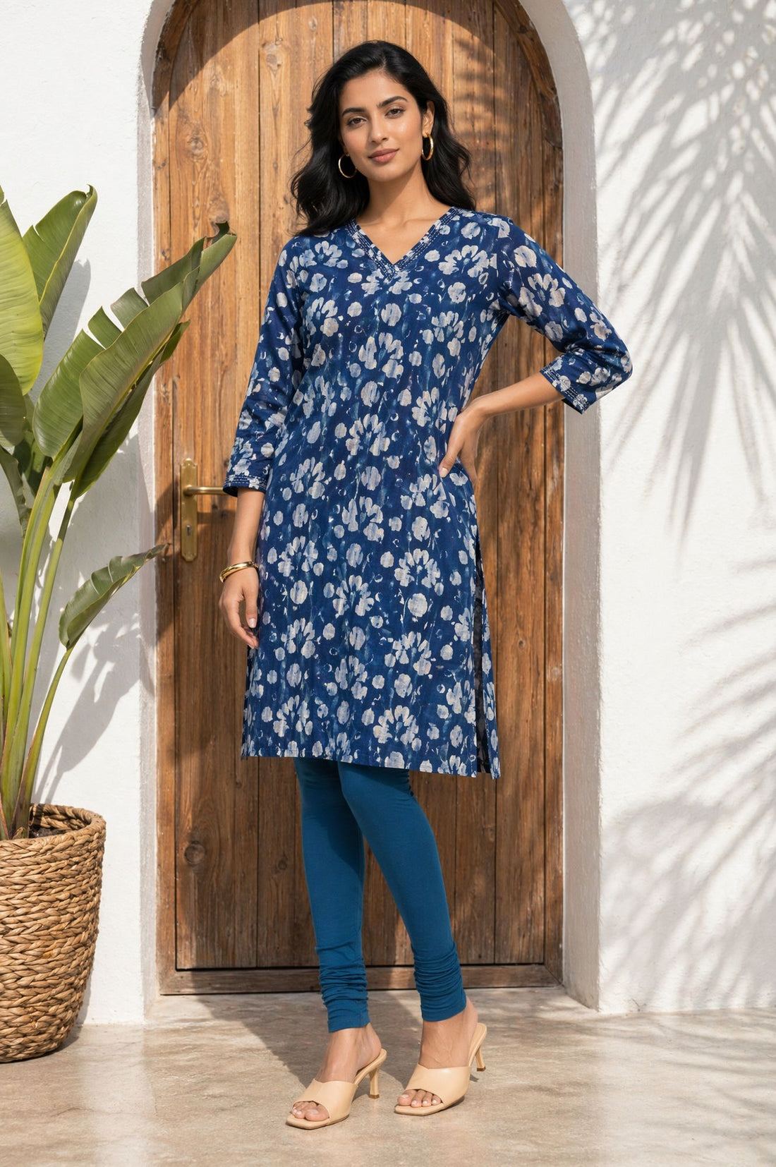 Teal Solid Cotton Blend Ankle Length Tights
